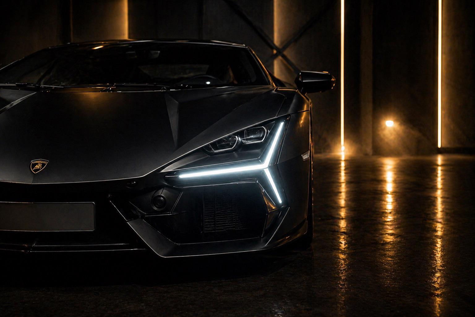Matte-black Lamborghini Revuelto in a dim garage with vertical gold light strips
